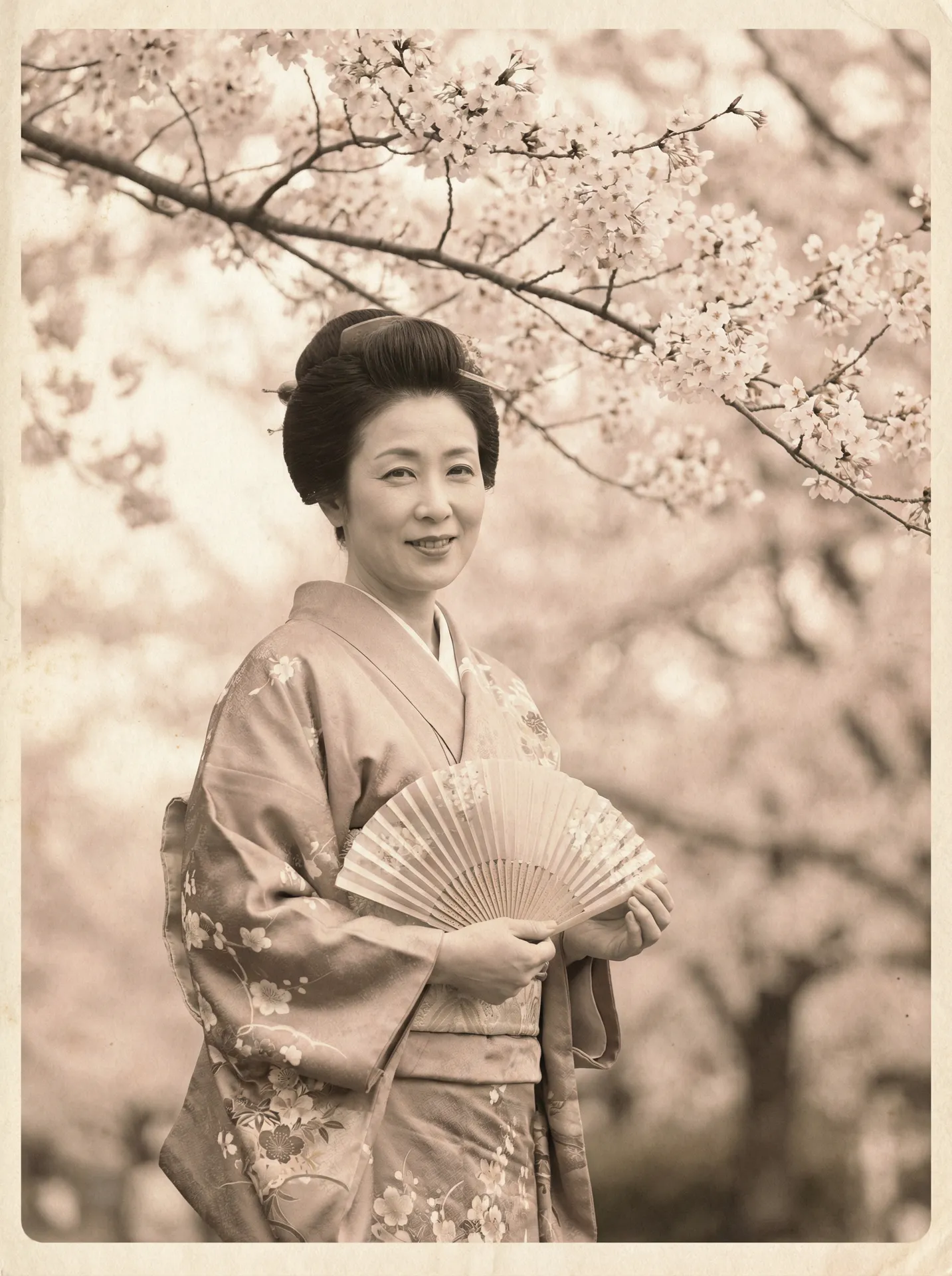 一位持扇的优雅 60彩娱乐 在樱花树下的复古写真